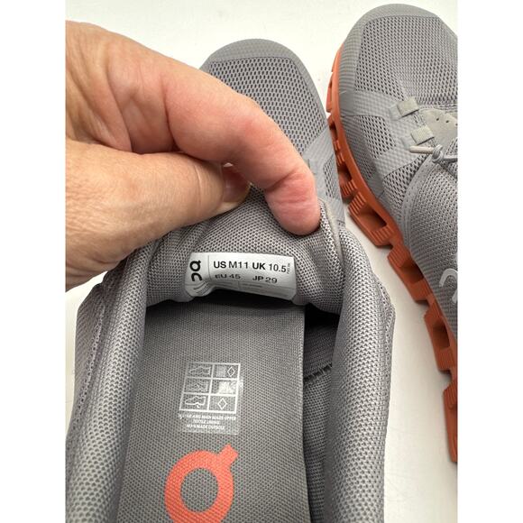 Mens On Cloud 5 Size 11 Sneakers Athletic Running Shoes Grey /Orange. - Picture 5 of 6